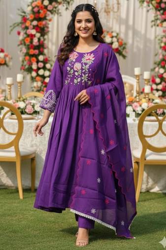 Purple chanderi silk blend embroidered anarkali set