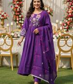 Purple chanderi silk blend embroidered anarkali set