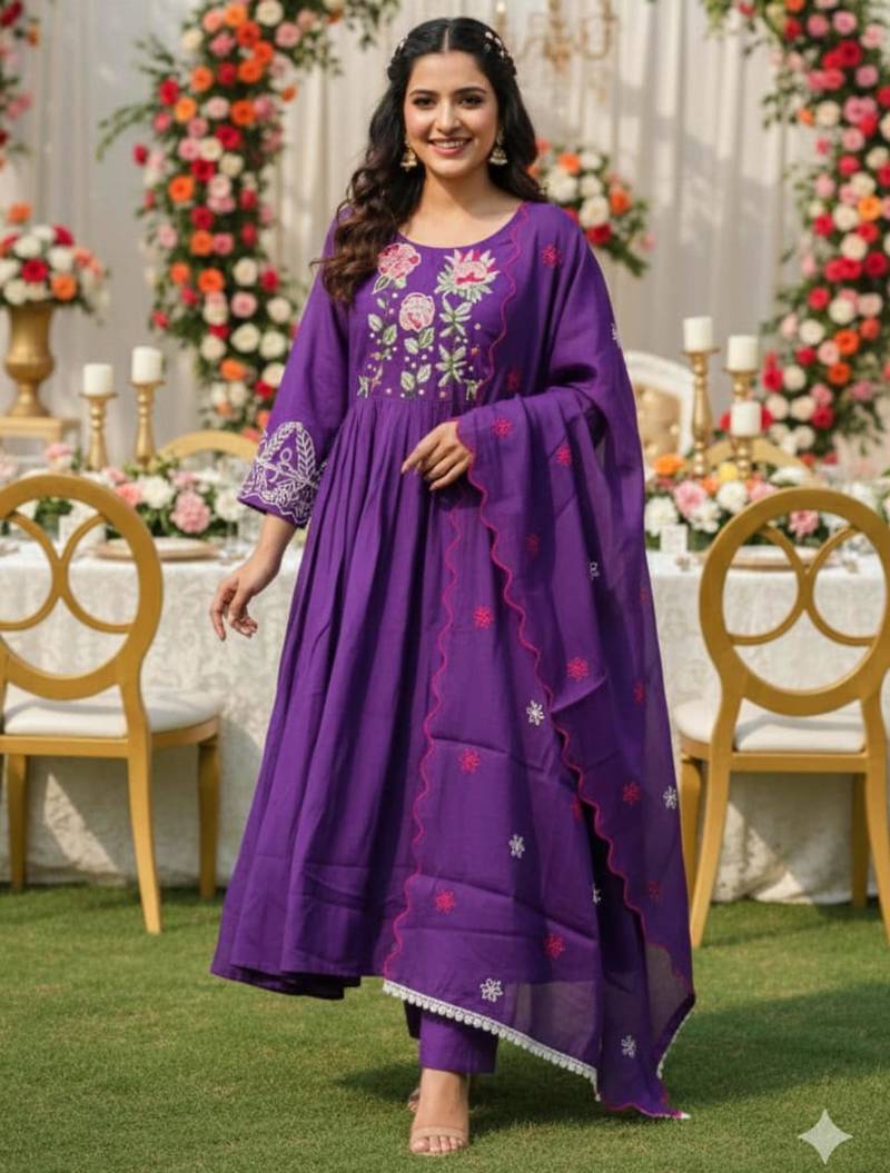 Purple chanderi silk blend embroidered anarkali set