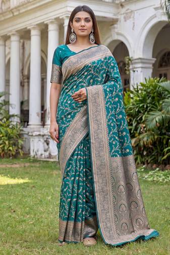 TURUOISE ART SILK BANARASI JACUARD WORK SAREE WITH UNSTITCHED BLOUSE PIECE