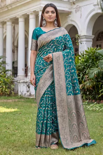 TURUOISE ART SILK BANARASI JACUARD WORK SAREE WITH UNSTITCHED BLOUSE PIECE