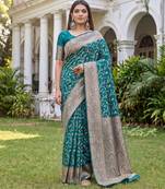 TURUOISE ART SILK BANARASI JACUARD WORK SAREE WITH UNSTITCHED BLOUSE PIECE