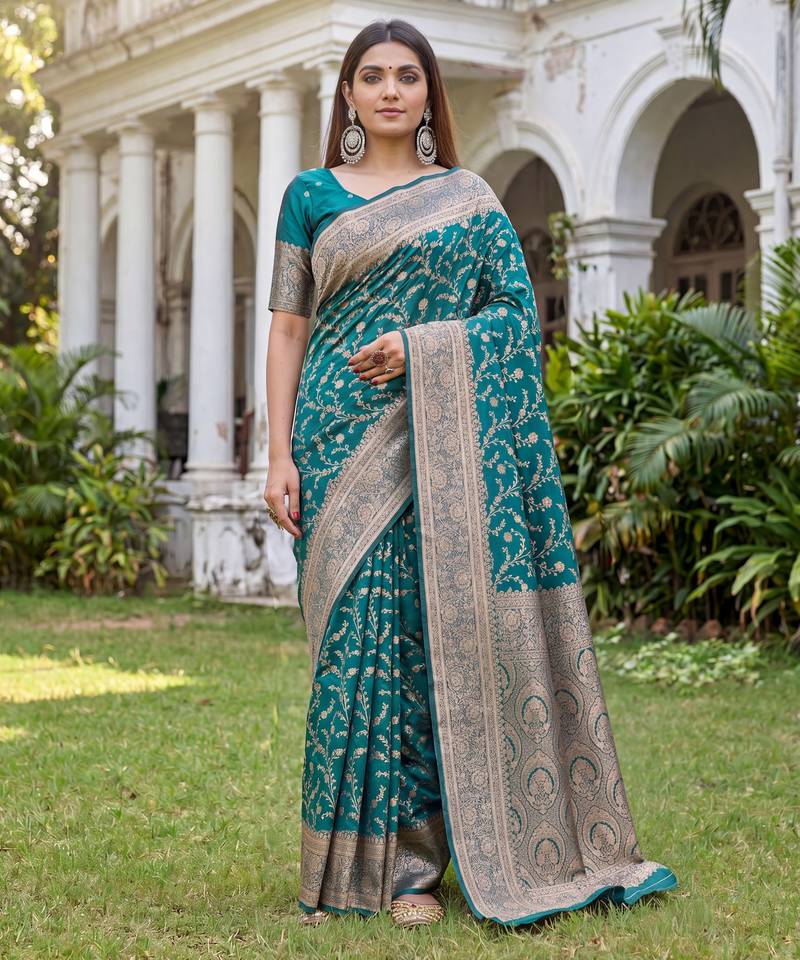 TURUOISE ART SILK BANARASI JACUARD WORK SAREE WITH UNSTITCHED BLOUSE PIECE