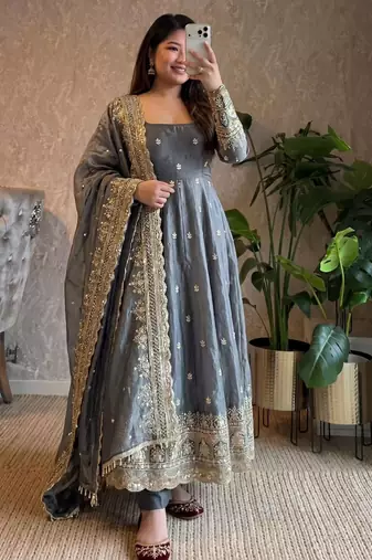 Grey silk blend embroidered flared gown set