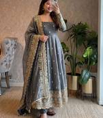 Grey silk blend embroidered flared gown set
