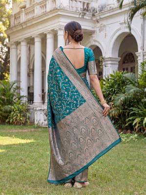 TURUOISE ART SILK BANARASI JACUARD WORK SAREE WITH UNSTITCHED BLOUSE PIECE 2