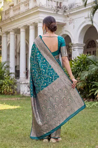 TURUOISE ART SILK BANARASI JACUARD WORK SAREE WITH UNSTITCHED BLOUSE PIECE