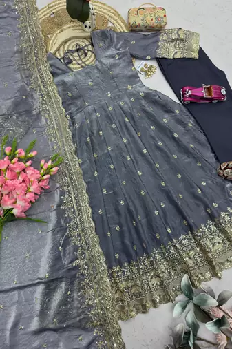 Grey silk blend embroidered flared gown set
