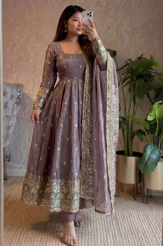 Light-lavender silk blend embroidered flared gown set