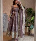 Light-lavender silk blend embroidered flared gown set