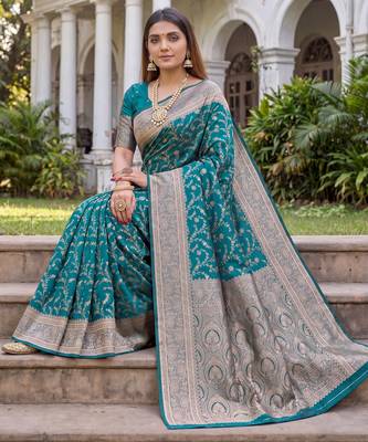 TURUOISE ART SILK BANARASI JACUARD WORK SAREE WITH UNSTITCHED BLOUSE PIECE 3