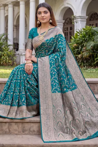 TURUOISE ART SILK BANARASI JACUARD WORK SAREE WITH UNSTITCHED BLOUSE PIECE