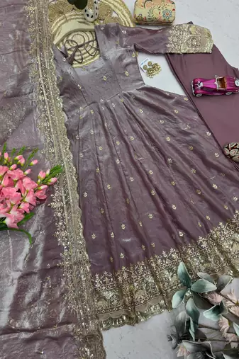 Light-lavender silk blend embroidered flared gown set