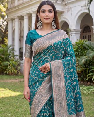 TURUOISE ART SILK BANARASI JACUARD WORK SAREE WITH UNSTITCHED BLOUSE PIECE 4