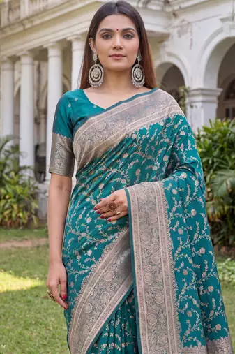 TURUOISE ART SILK BANARASI JACUARD WORK SAREE WITH UNSTITCHED BLOUSE PIECE