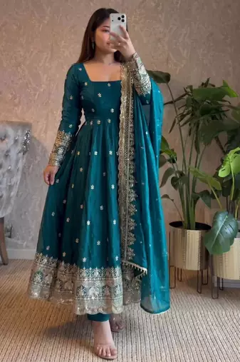 Teal-blue silk blend embroidered flared gown set