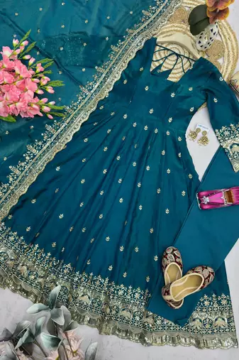 Teal-blue silk blend embroidered flared gown set