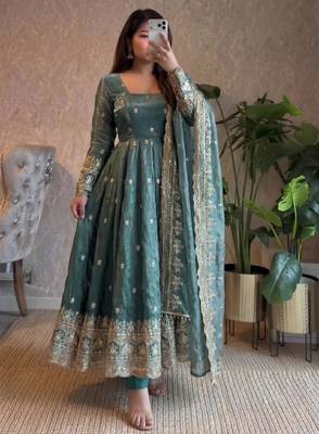 Teal-green silk blend embroidered flared gown set 1