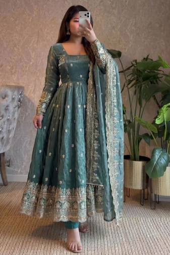 Teal-green silk blend embroidered flared gown set