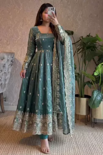 Teal-green silk blend embroidered flared gown set