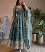 Teal-green silk blend embroidered flared gown set