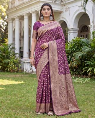 WINE ART SILK BANARASI JACUARD WORK SAREE WITH UNSTITCHED BLOUSE PIECE 1