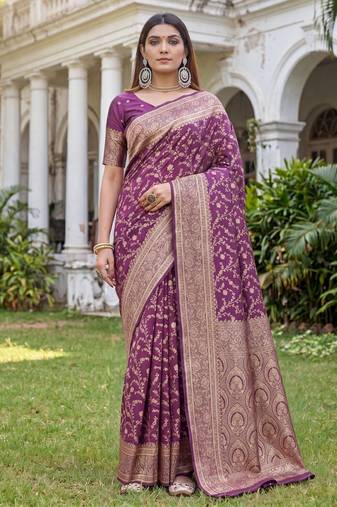 WINE ART SILK BANARASI JACUARD WORK SAREE WITH UNSTITCHED BLOUSE PIECE