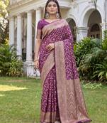WINE ART SILK BANARASI JACUARD WORK SAREE WITH UNSTITCHED BLOUSE PIECE