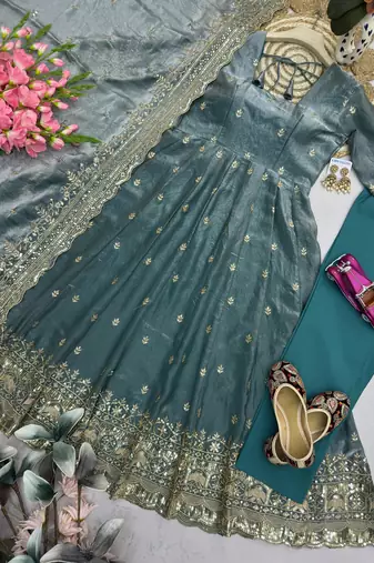 Teal-green silk blend embroidered flared gown set