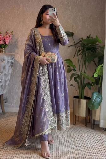 Purple silk blend embroidered flared gown set