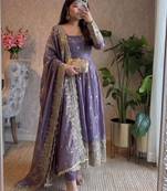Purple silk blend embroidered flared gown set