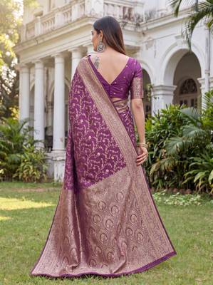 WINE ART SILK BANARASI JACUARD WORK SAREE WITH UNSTITCHED BLOUSE PIECE 2