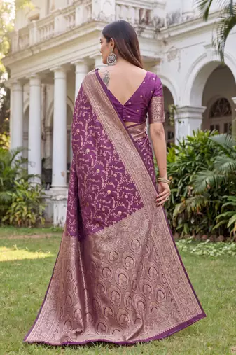 WINE ART SILK BANARASI JACUARD WORK SAREE WITH UNSTITCHED BLOUSE PIECE