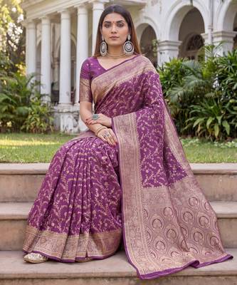 WINE ART SILK BANARASI JACUARD WORK SAREE WITH UNSTITCHED BLOUSE PIECE 3