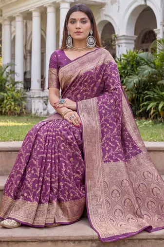 WINE ART SILK BANARASI JACUARD WORK SAREE WITH UNSTITCHED BLOUSE PIECE