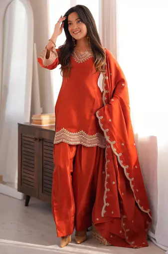Dark-orange silk blend embroidered farshi salwar set