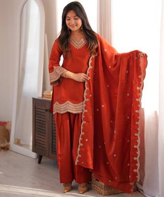 Dark-orange silk blend embroidered farshi salwar set 2