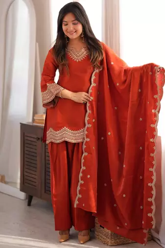 Dark-orange silk blend embroidered farshi salwar set