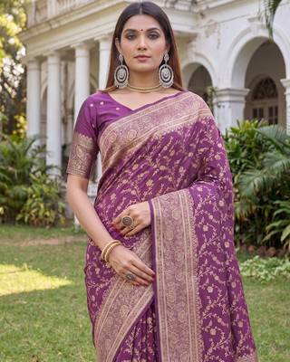 WINE ART SILK BANARASI JACUARD WORK SAREE WITH UNSTITCHED BLOUSE PIECE 4