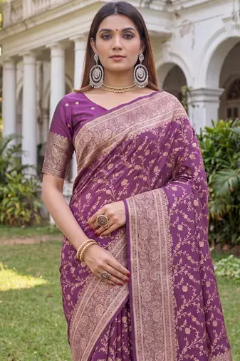 WINE ART SILK BANARASI JACUARD WORK SAREE WITH UNSTITCHED BLOUSE PIECE