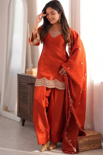 Dark-orange silk blend embroidered farshi salwar set