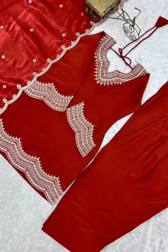 Dark-orange silk blend embroidered farshi salwar set