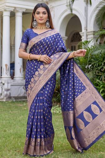 BLUE ART SILK BANARASI JACUARD WORK SAREE WITH UNSTITCHED BLOUSE PIECE