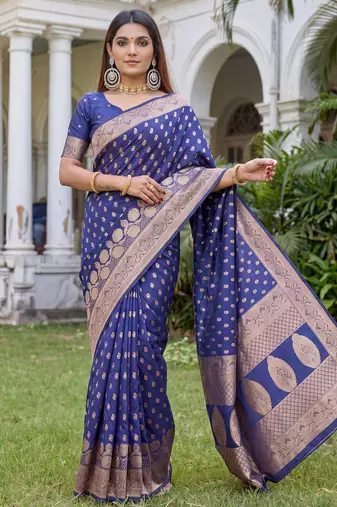 BLUE ART SILK BANARASI JACUARD WORK SAREE WITH UNSTITCHED BLOUSE PIECE