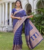 BLUE ART SILK BANARASI JACUARD WORK SAREE WITH UNSTITCHED BLOUSE PIECE