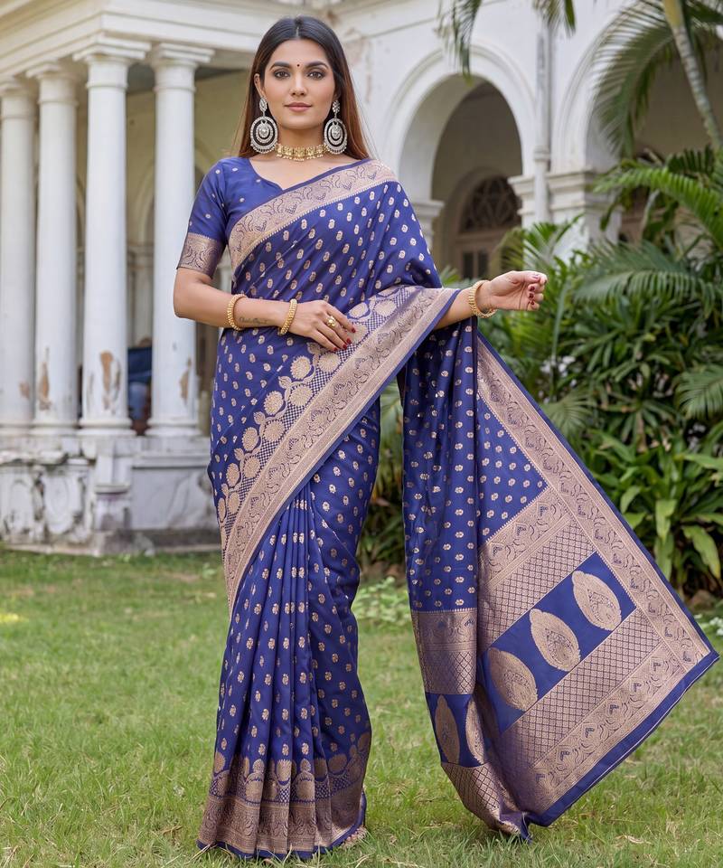 BLUE ART SILK BANARASI JACUARD WORK SAREE WITH UNSTITCHED BLOUSE PIECE