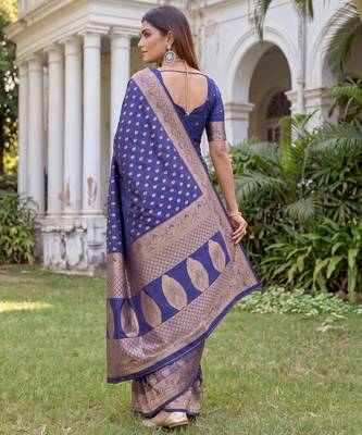 BLUE ART SILK BANARASI JACUARD WORK SAREE WITH UNSTITCHED BLOUSE PIECE 2