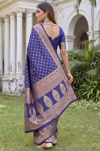 BLUE ART SILK BANARASI JACUARD WORK SAREE WITH UNSTITCHED BLOUSE PIECE