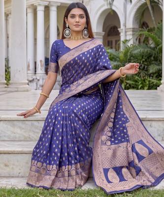 BLUE ART SILK BANARASI JACUARD WORK SAREE WITH UNSTITCHED BLOUSE PIECE 3
