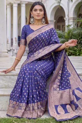 BLUE ART SILK BANARASI JACUARD WORK SAREE WITH UNSTITCHED BLOUSE PIECE